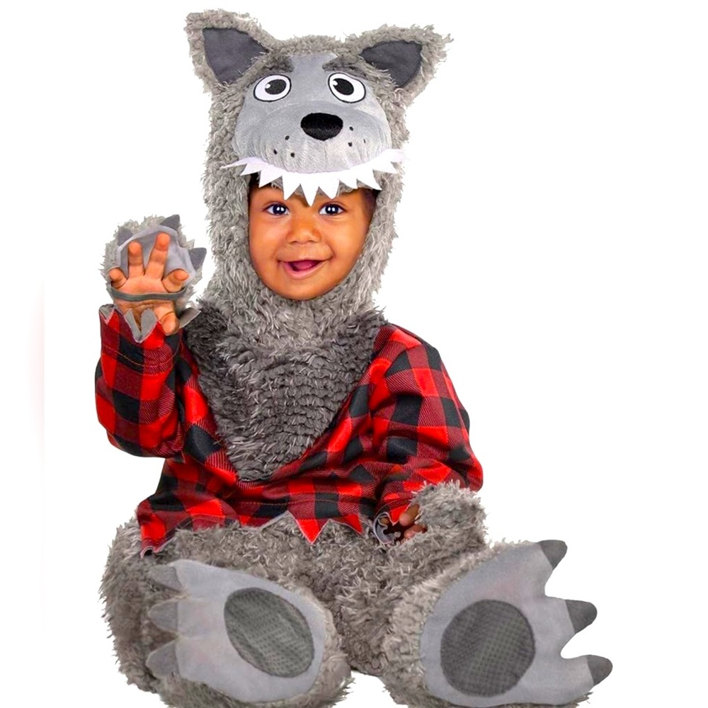 Baby Wolf Costume-Cozy Gray Plush & Checkered Black & Red Costume (3-6 Months)